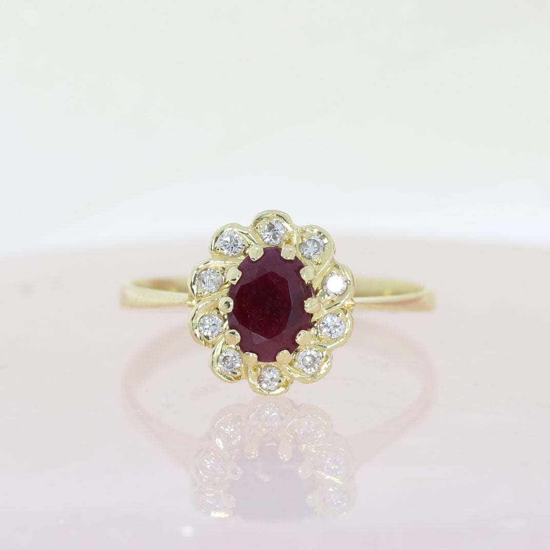 Pre Owned 18ct Yellow Gold Oval Ruby & Diamond Cluster Ring