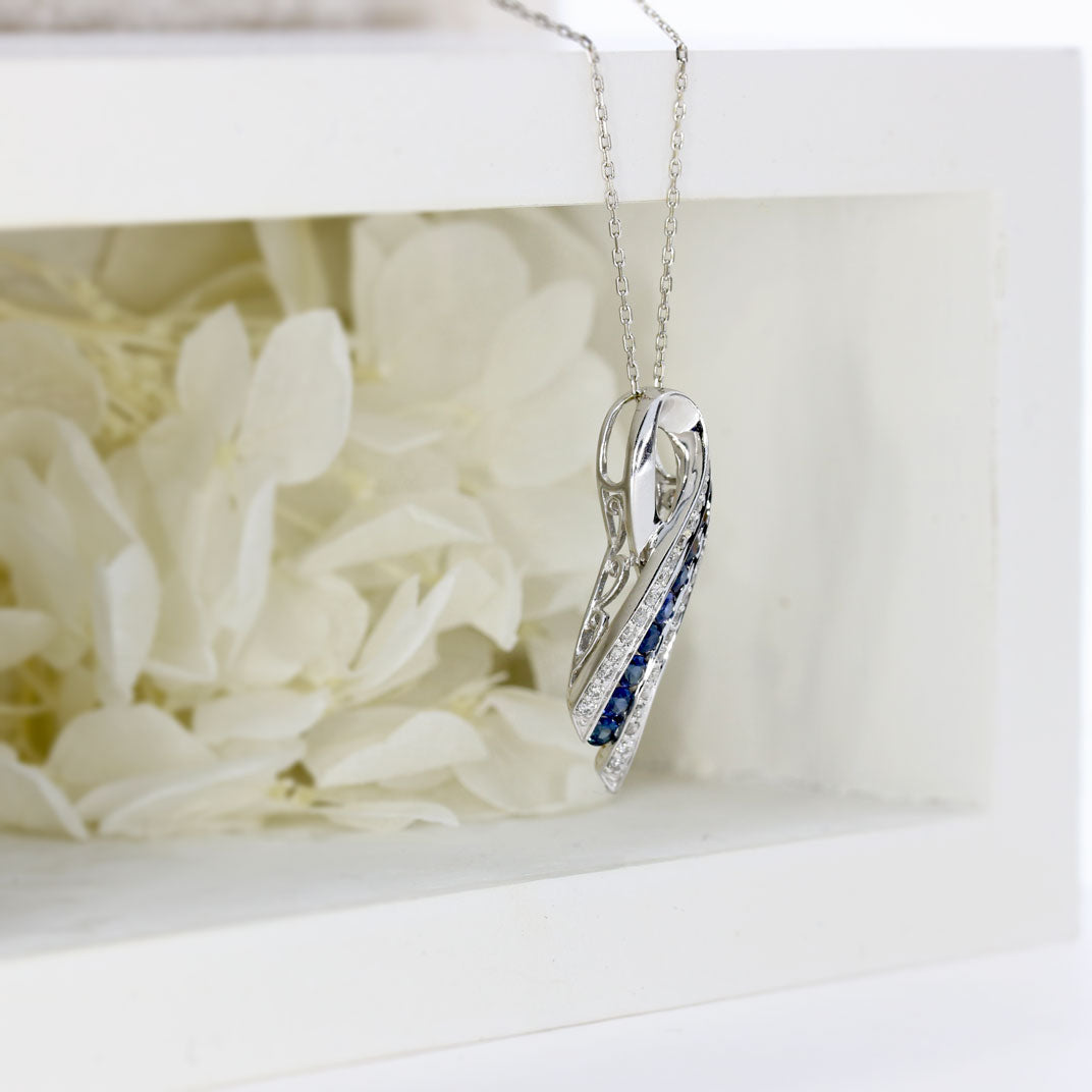 Pre Owned 18ct White Gold Sapphire & Diamond, Ribbon Style Pendant on a 16" chain