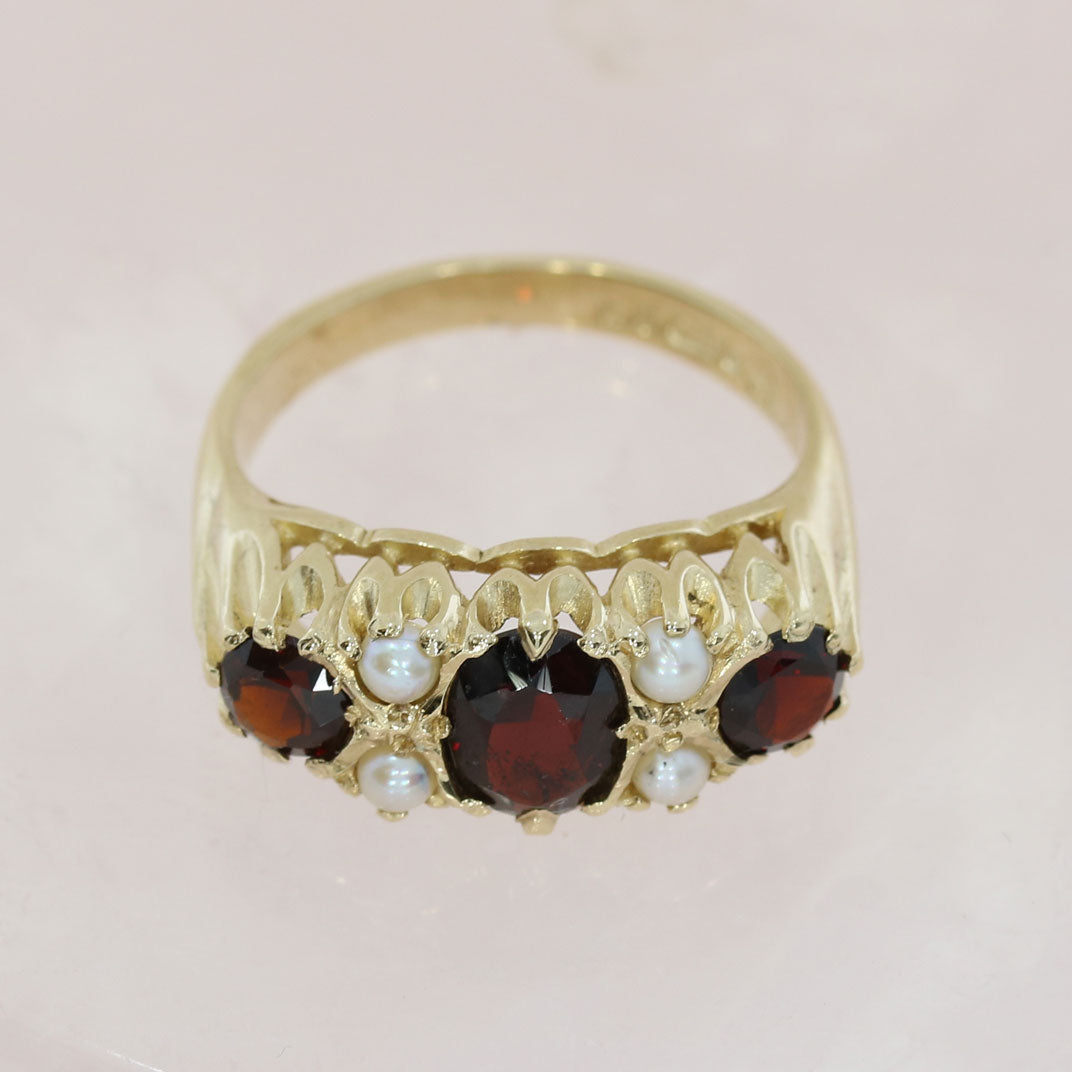 Pre Owned 9ct Yellow Gold Garnet & Seed Pearl Dress Ring