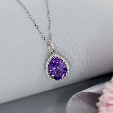 Pre Owned 9ct Gold Pear Shape Amethyst & Diamond Pendant & Chain