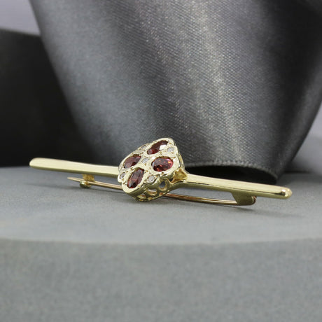 Pre Owned 9ct Yellow Gold Garnet & Diamond Flower Bar Brooch