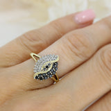 Pre Owned 9ct Yellow Gold Black & White Diamond Marquise Shape Cluster Ring