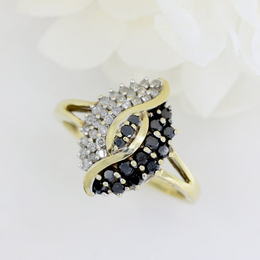 Pre Owned 9ct Yellow Gold Black & White Diamond Marquise Shape Cluster Ring