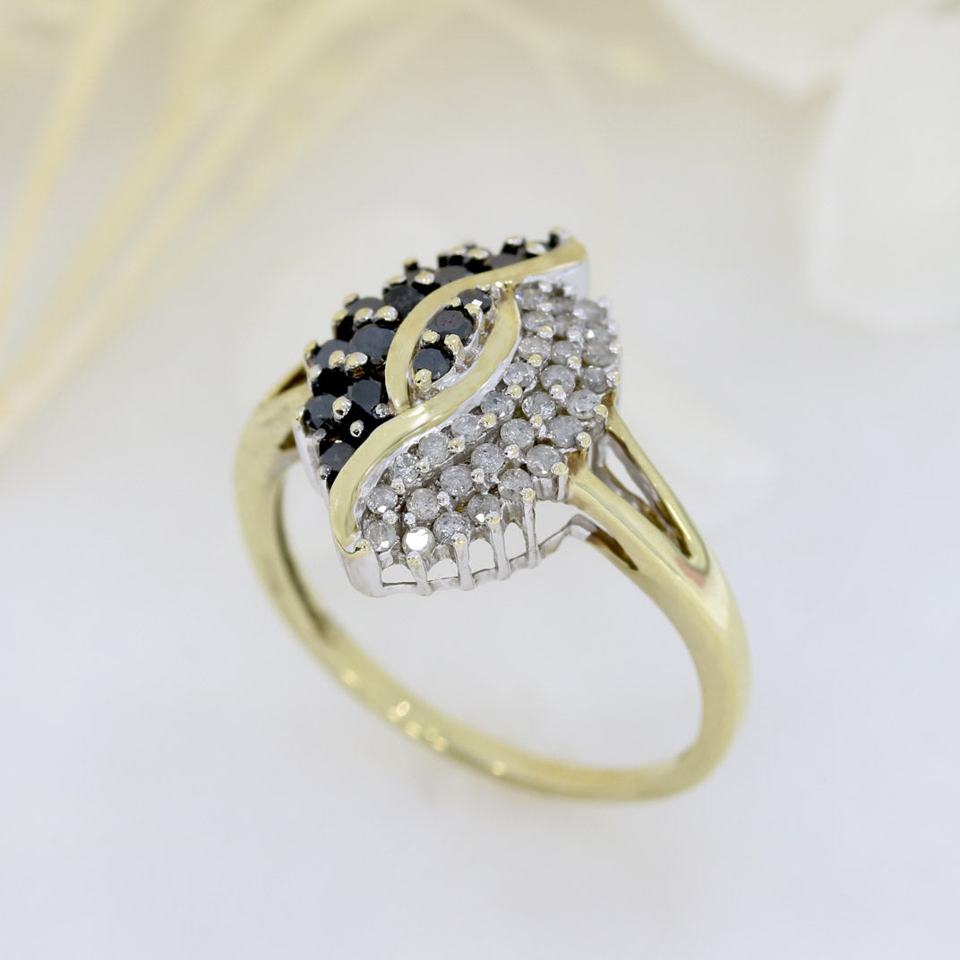 Pre Owned 9ct Yellow Gold Black & White Diamond Marquise Shape Cluster Ring
