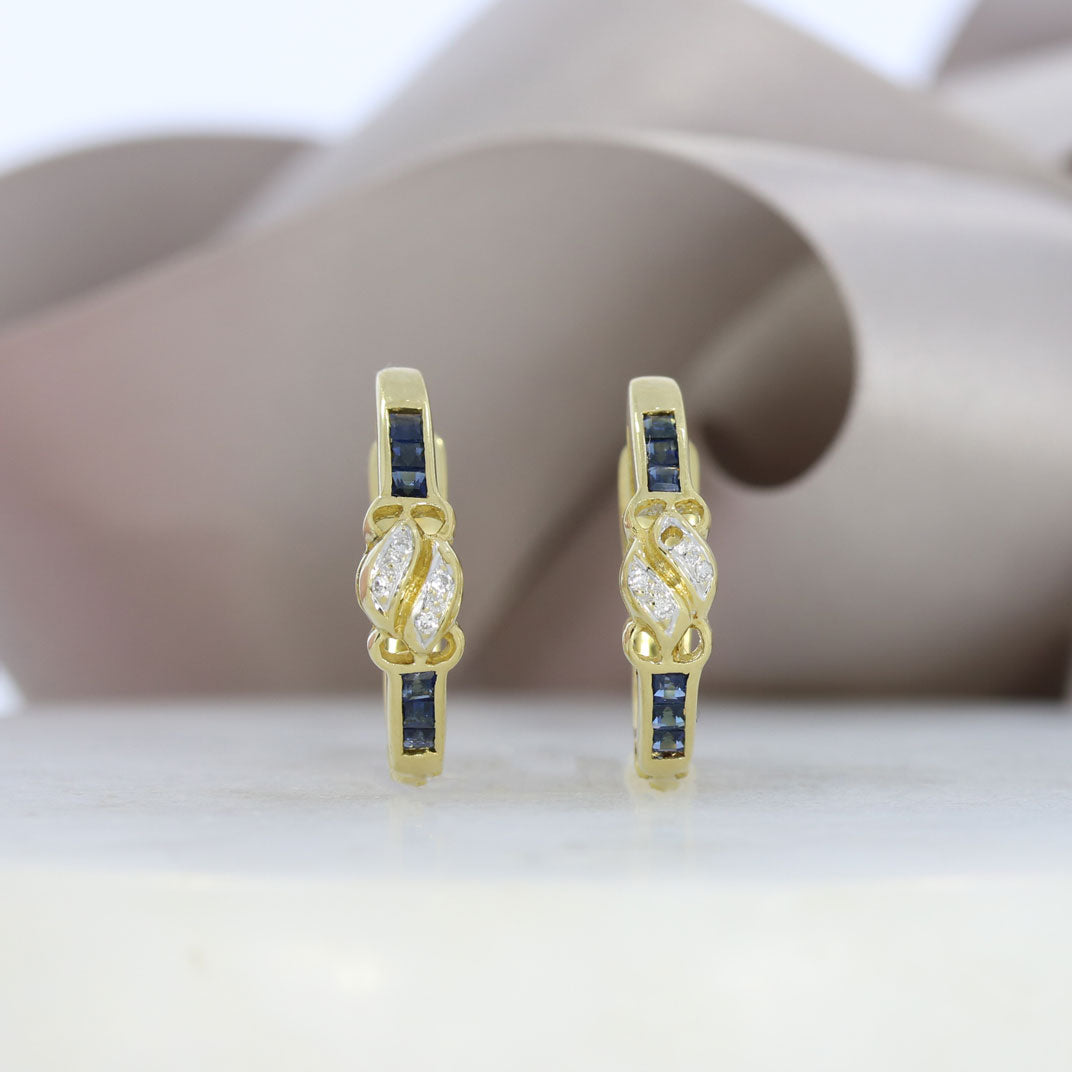 Pre Owned 18ct Yellow Gold Diamond & Sapphire Huggie Style Earrings