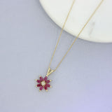 Pre Owned 9ct Yellow Gold Ruby Flower Pendant & 18" Fine Chain