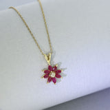 Pre Owned 9ct Yellow Gold Ruby Flower Pendant & 18" Fine Chain