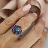Pre Owned 9ct Yellow Gold Blue Topaz & Amethyst Flower Cluster Ring