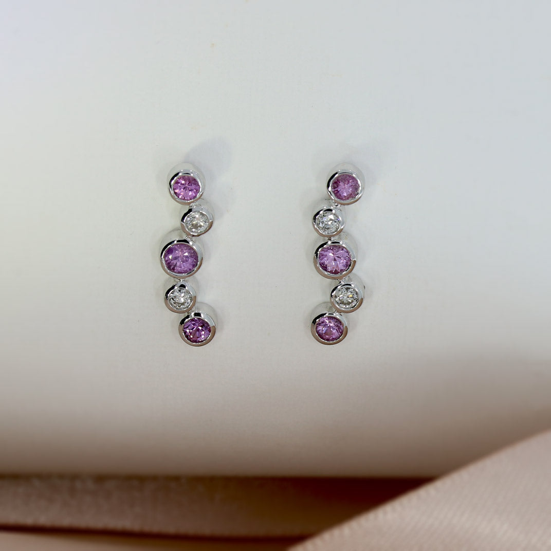 Pre Owned 18ct White Gold Pink Sapphire & Diamond Bubble Style Drop Earrings