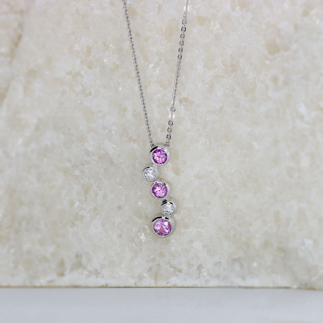 Pre Owned 18ct Gold Pink Sapphire & Diamond Bubble Style Drop Pendant & 18" Chain