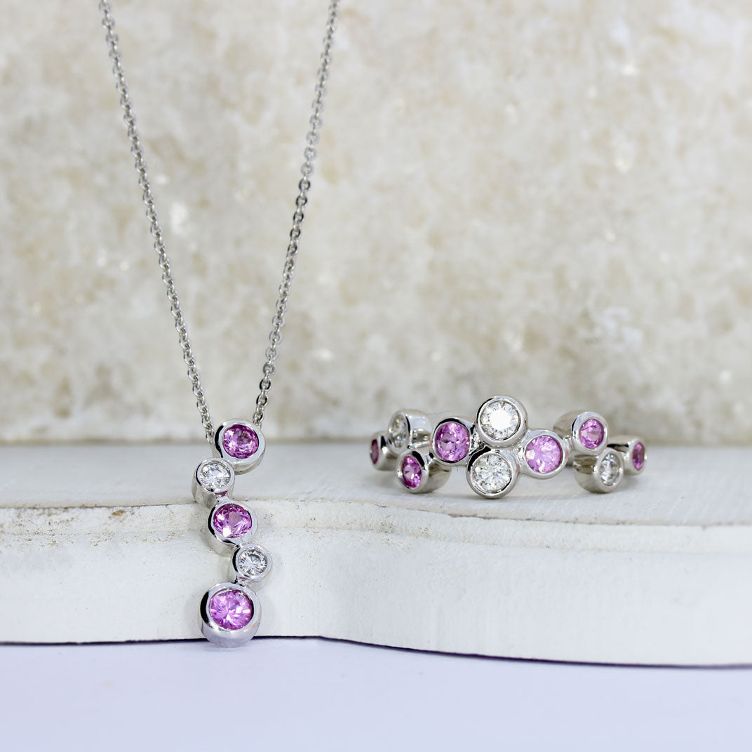 Pre Owned 18ct Gold Pink Sapphire & Diamond Bubble Style Drop Pendant & 18" Chain