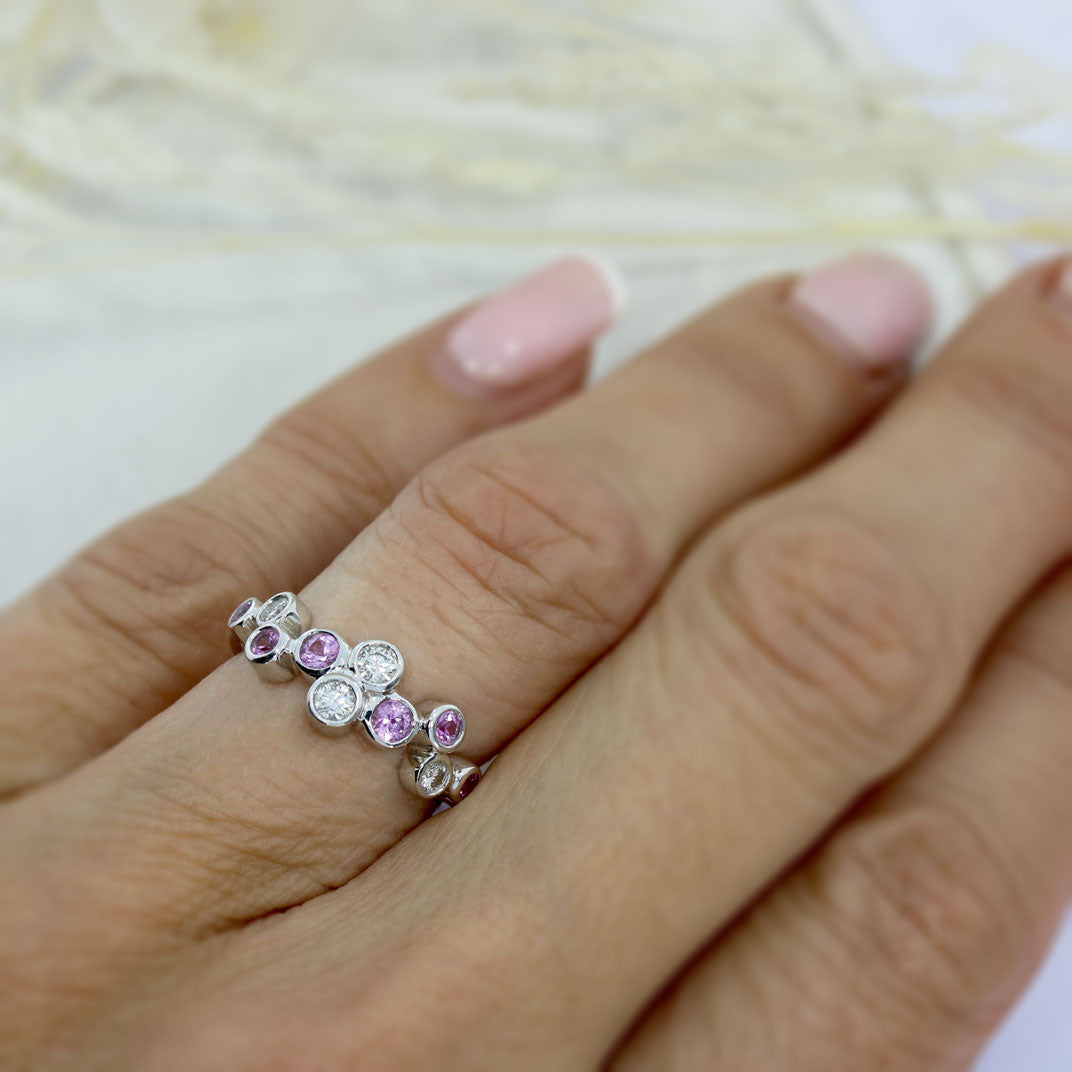 Pre Owned 18ct White Gold Pink Sapphire & Diamond Bubble Ring
