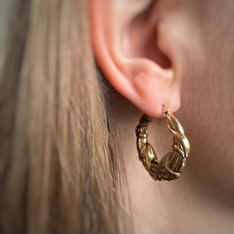 Pre Owned 9ct Yellow Gold Patterned Creole Hoop Earrings