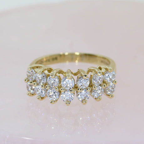 Pre Owned 9ct Yellow Gold 2 Row CZ Cluster Ring