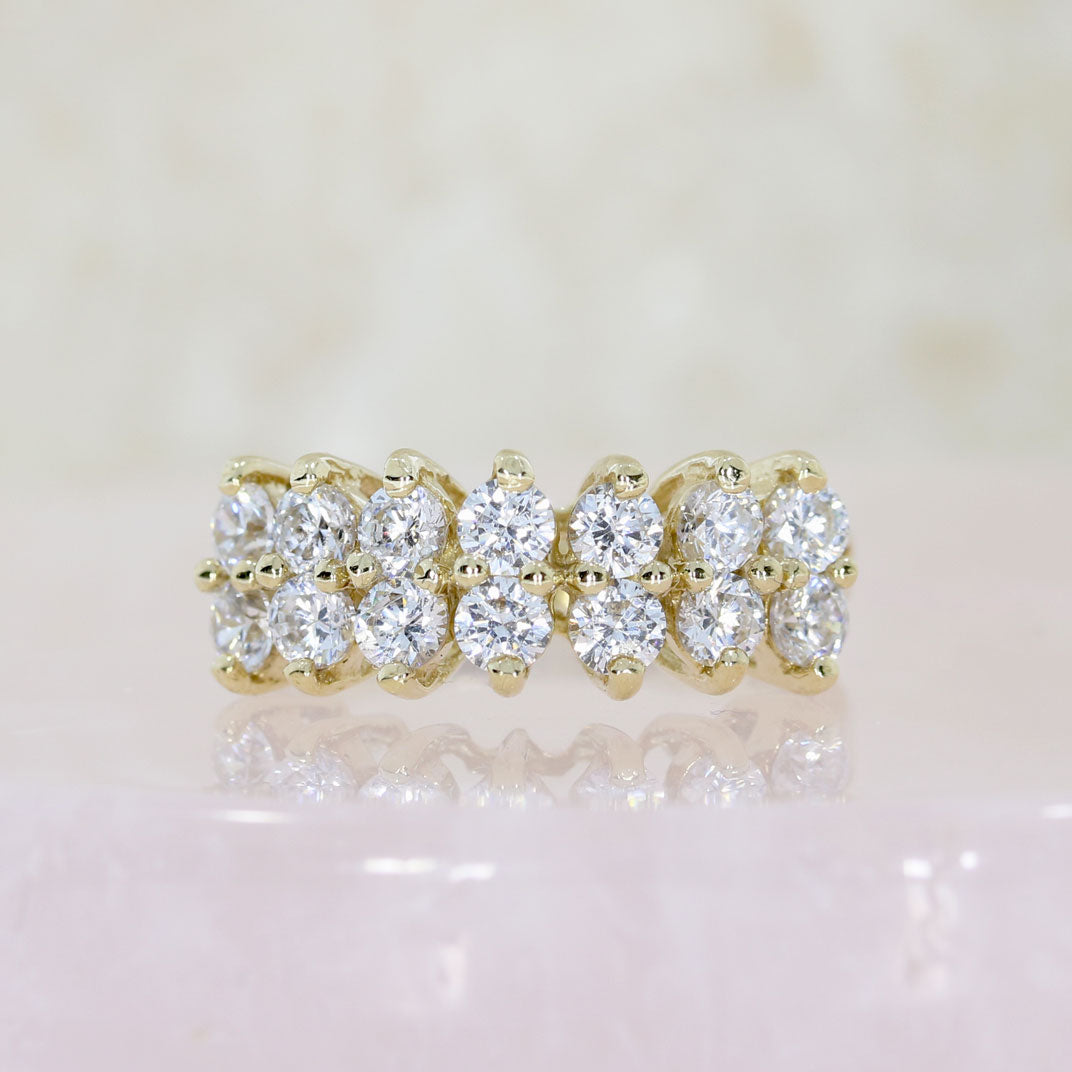 Pre Owned 9ct Yellow Gold 2 Row CZ Cluster Ring