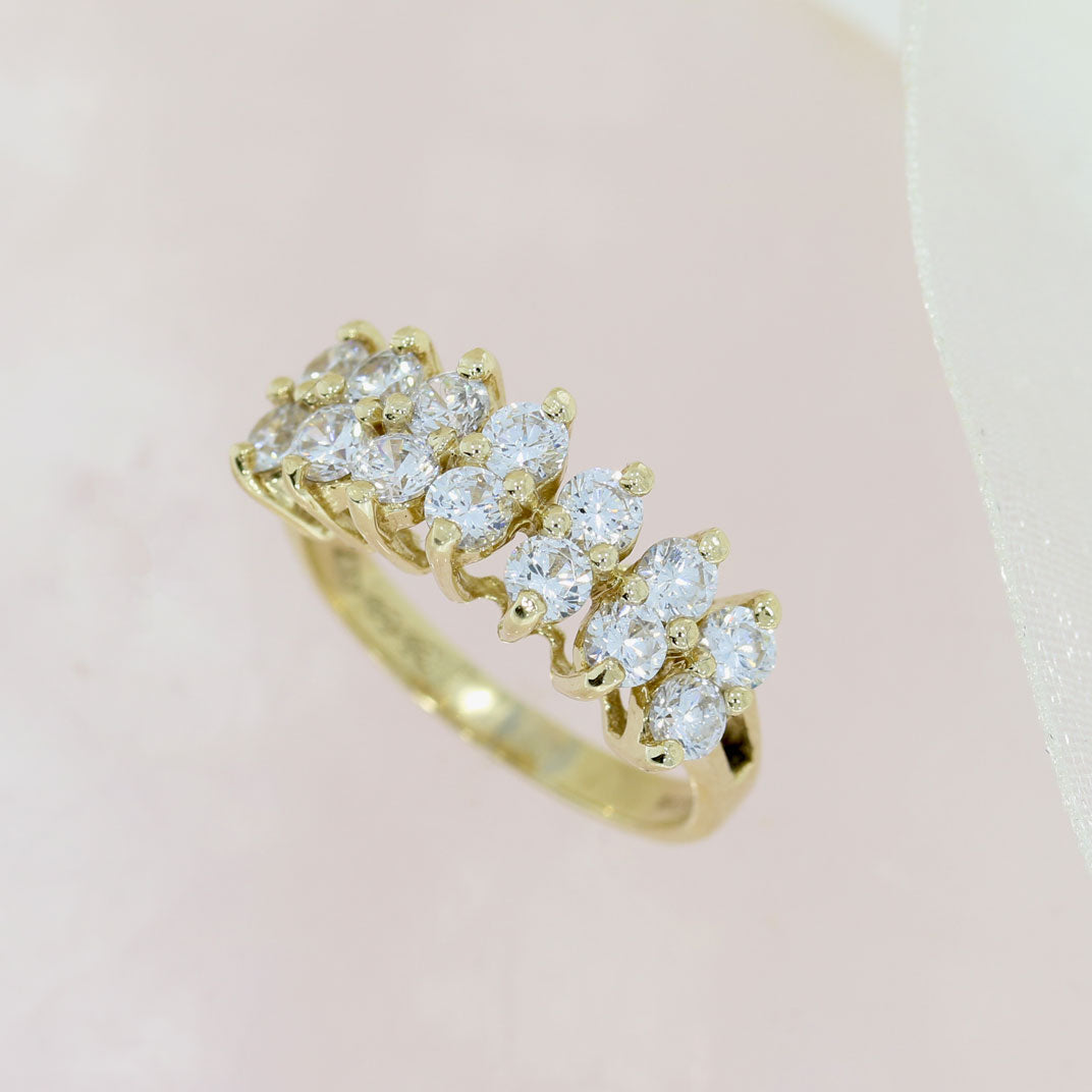 Pre Owned 9ct Yellow Gold 2 Row CZ Cluster Ring