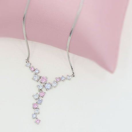 Pre Owned 9ct White Gold Snake Necklace with Pink & White CZ Drop Detail