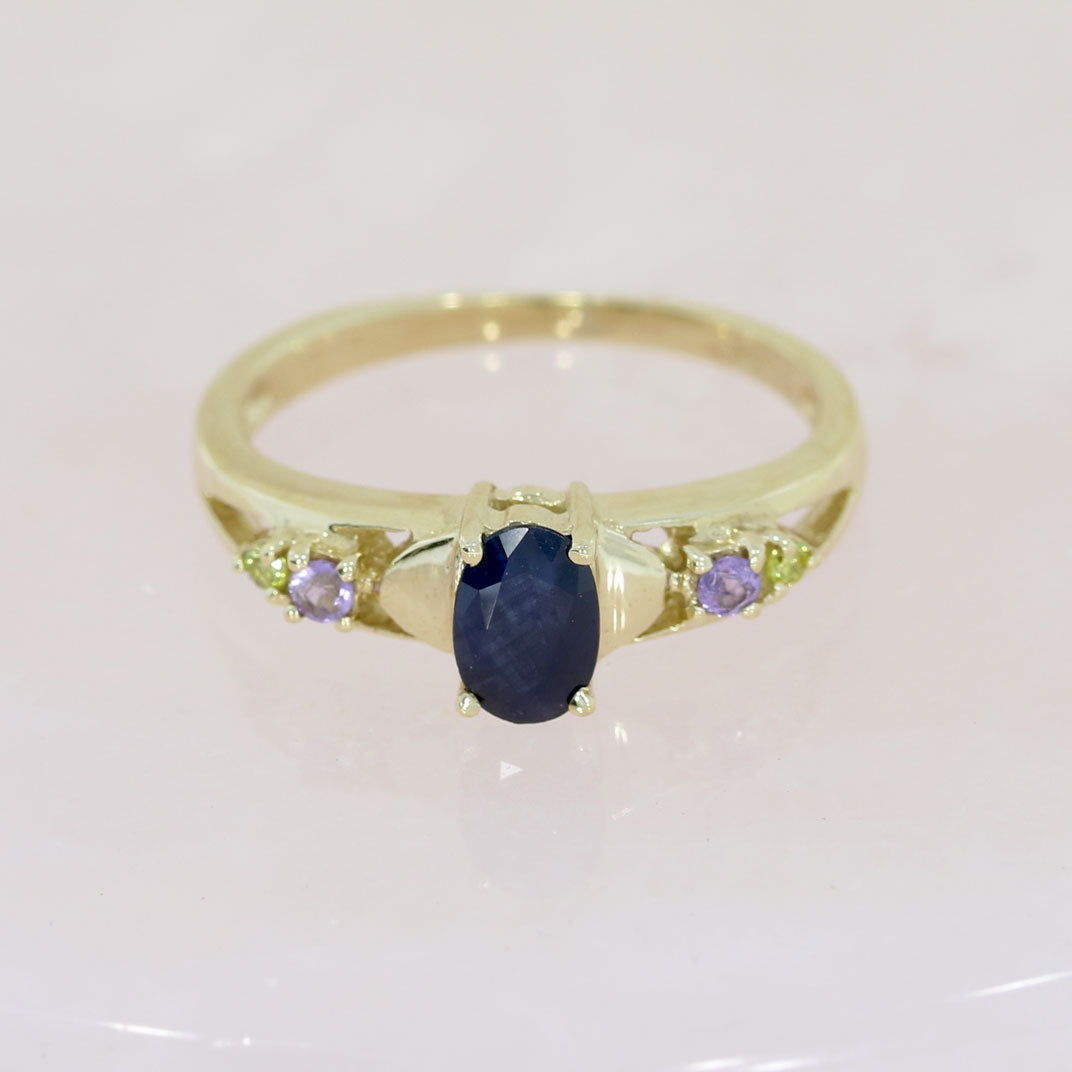 Pre Owned 9ct Yellow Gold Oval Sapphire Ring with Amethyst & Peridot Shoulders