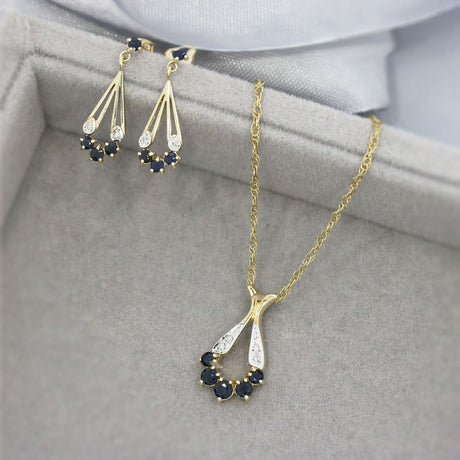 Pre Owned 9ct Gold Sapphire & Diamond Pendant Chain & Earrings Set