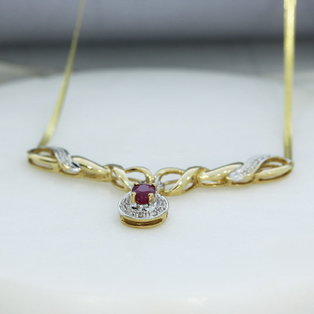 Pre Owned 9ct Yellow Gold Ruby & Diamond Necklace
