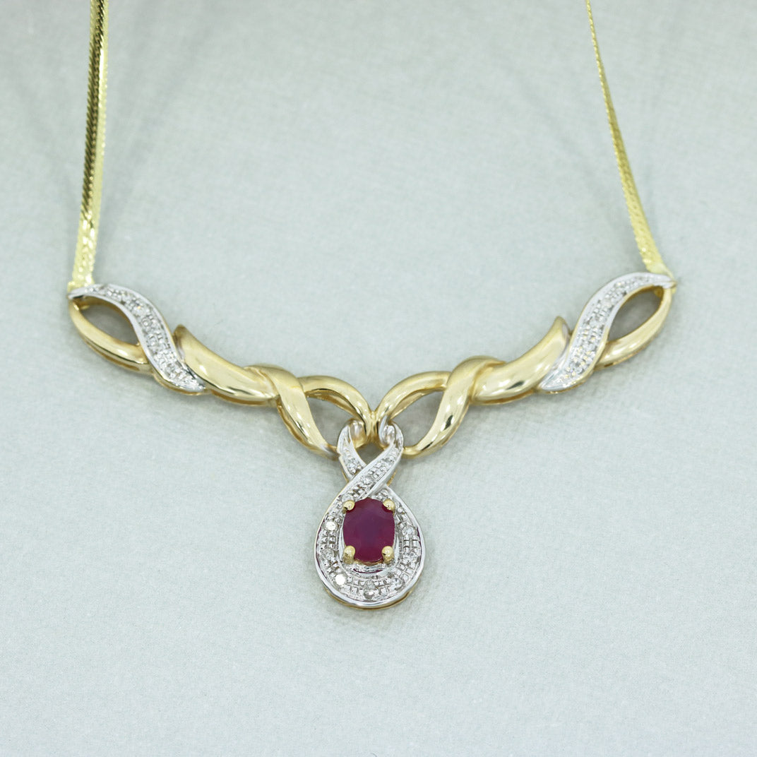 Pre Owned 9ct Yellow Gold Ruby & Diamond Necklace
