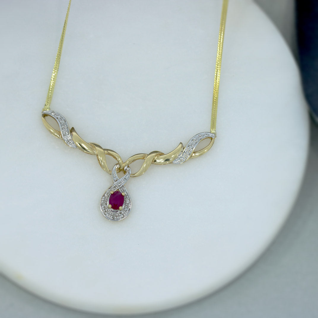 Pre Owned 9ct Yellow Gold Ruby & Diamond Necklace