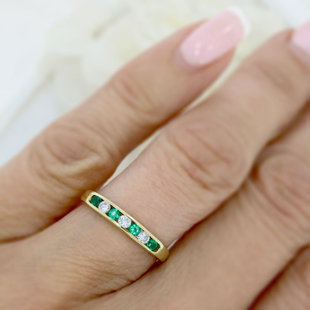 Pre Owned 18ct Yellow Gold Channel Set Emerald & Diamond Eternity Ring