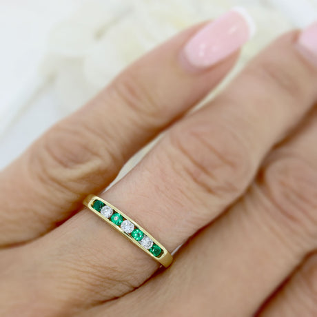 Pre Owned 18ct Yellow Gold Channel Set Emerald & Diamond Eternity Ring