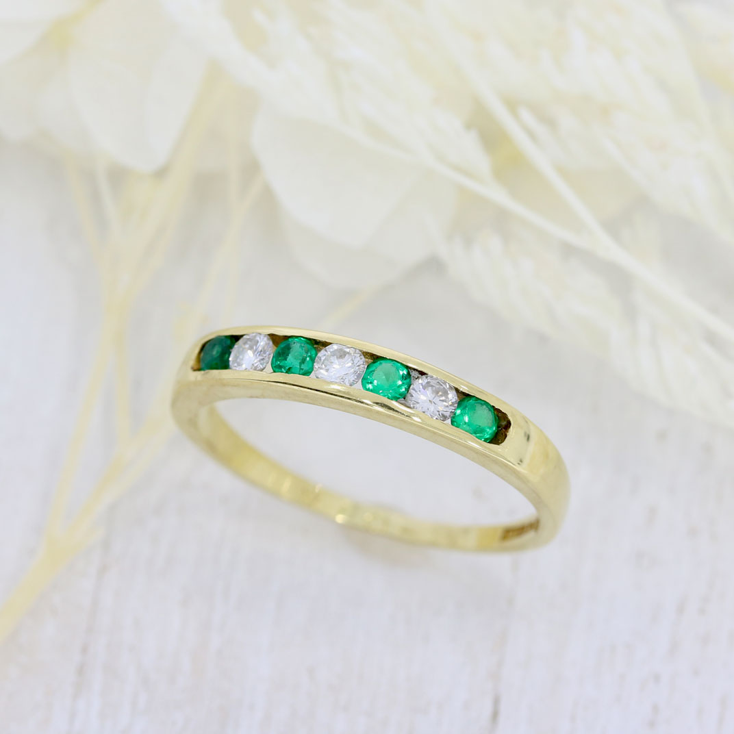 Pre Owned 18ct Yellow Gold Channel Set Emerald & Diamond Eternity Ring