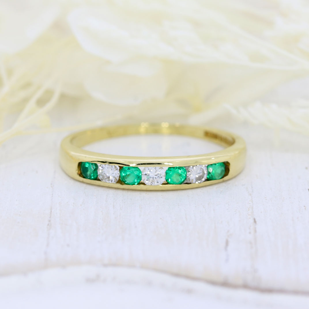 Pre Owned 18ct Yellow Gold Channel Set Emerald & Diamond Eternity Ring