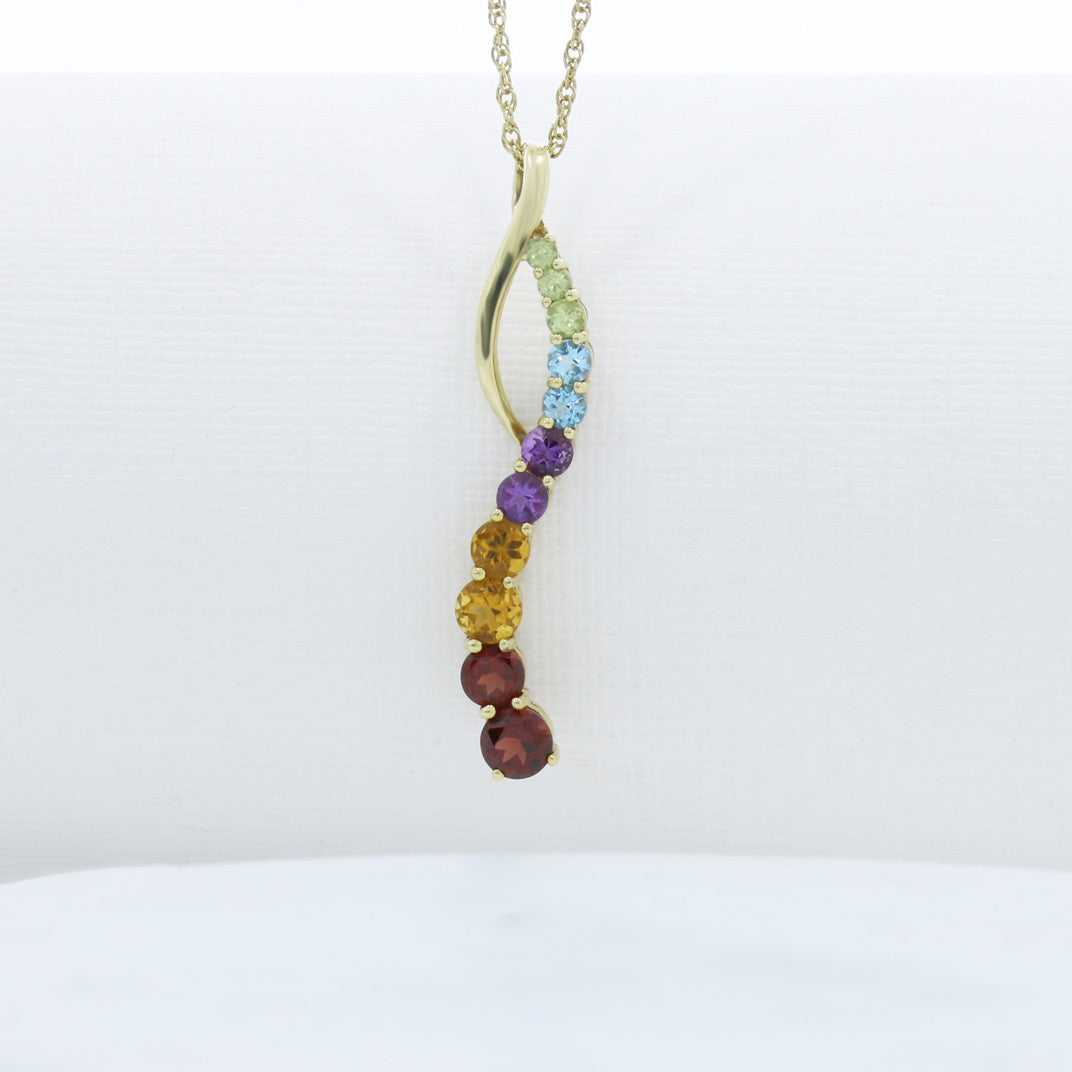 Pre Owned 9ct Yellow Gold Wave Multi Colour Stone Set Pendant & 18" Chain
