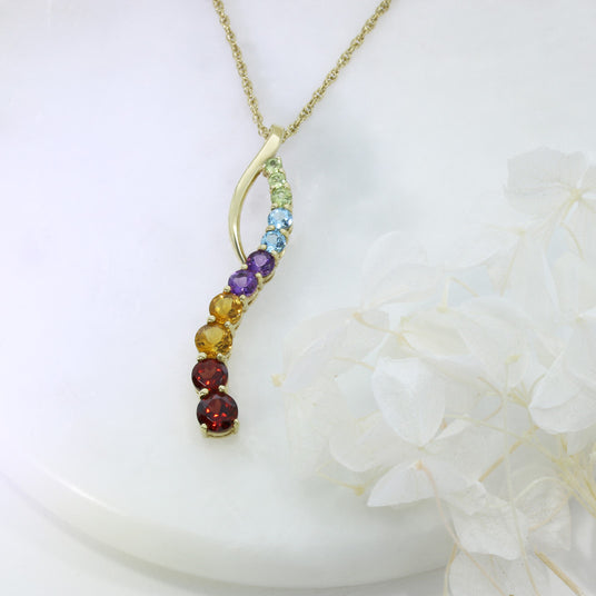Pre Owned 9ct Yellow Gold Wave Multi Colour Stone Set Pendant & 18" Chain