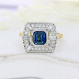 18ct Yellow & White Gold Square Sapphire Diamond Cluster Ring