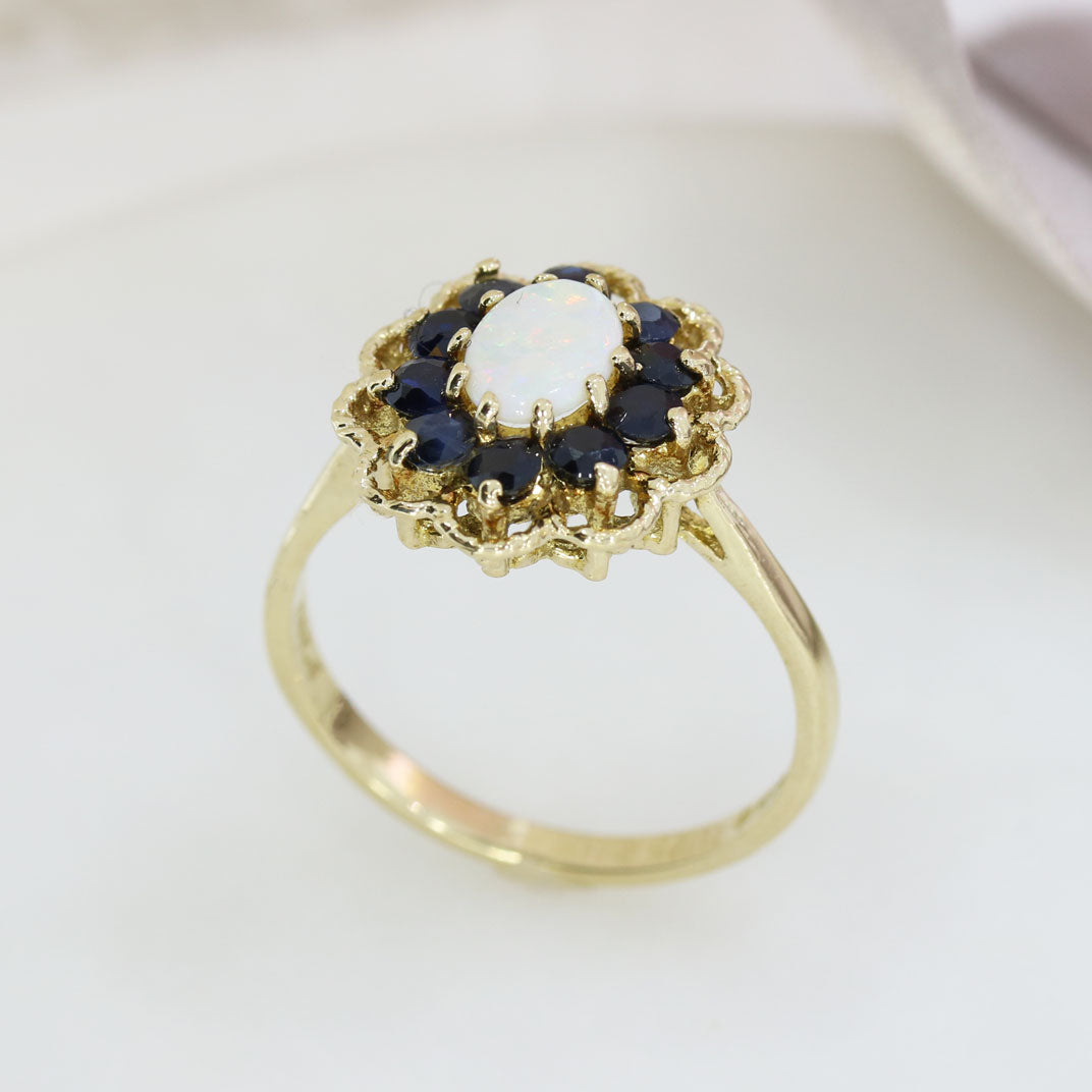 Pre Owned 9ct Yellow Gold Oval Opal & Sapphire Custer Ring