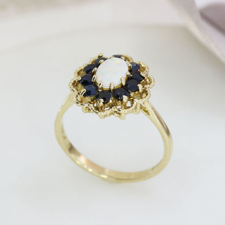 Pre Owned 9ct Yellow Gold Oval Opal & Sapphire Custer Ring