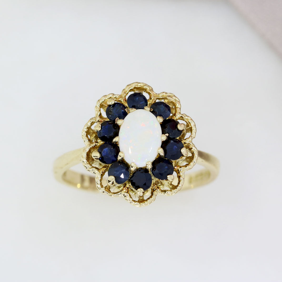 Pre Owned 9ct Yellow Gold Oval Opal & Sapphire Custer Ring