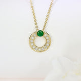 Pre-Owned 9ct Yellow Gold Pave Set Diamond & Emerald Circle Pendant & 20"Chain