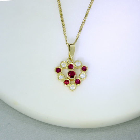 Pre Owned 18ct Yellow Gold Ruby & Diamond Heart Shape Pendant & 9ct Gold 18" Chain