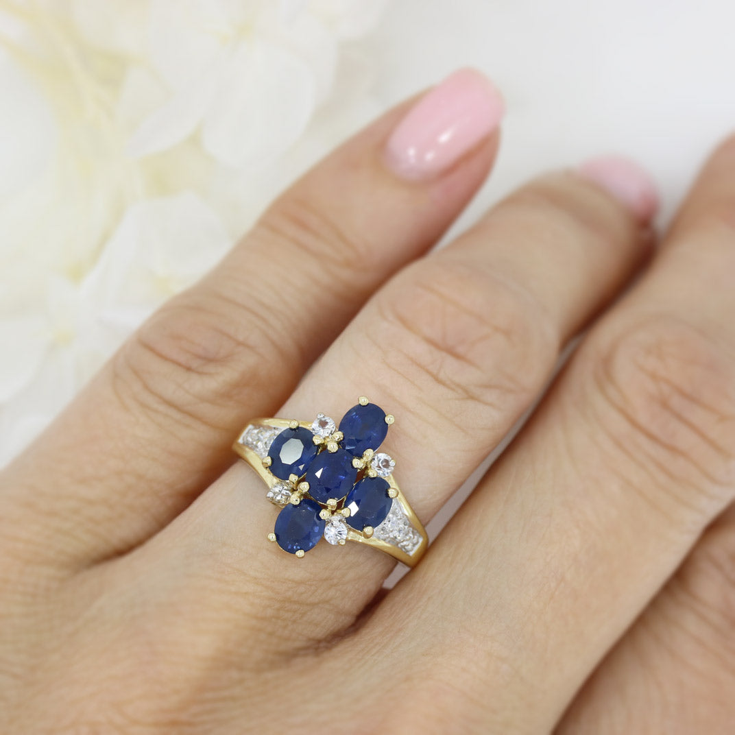 Pre Owned 9ct Yellow Gold Sapphire & Diamond Flower Cluster Ring