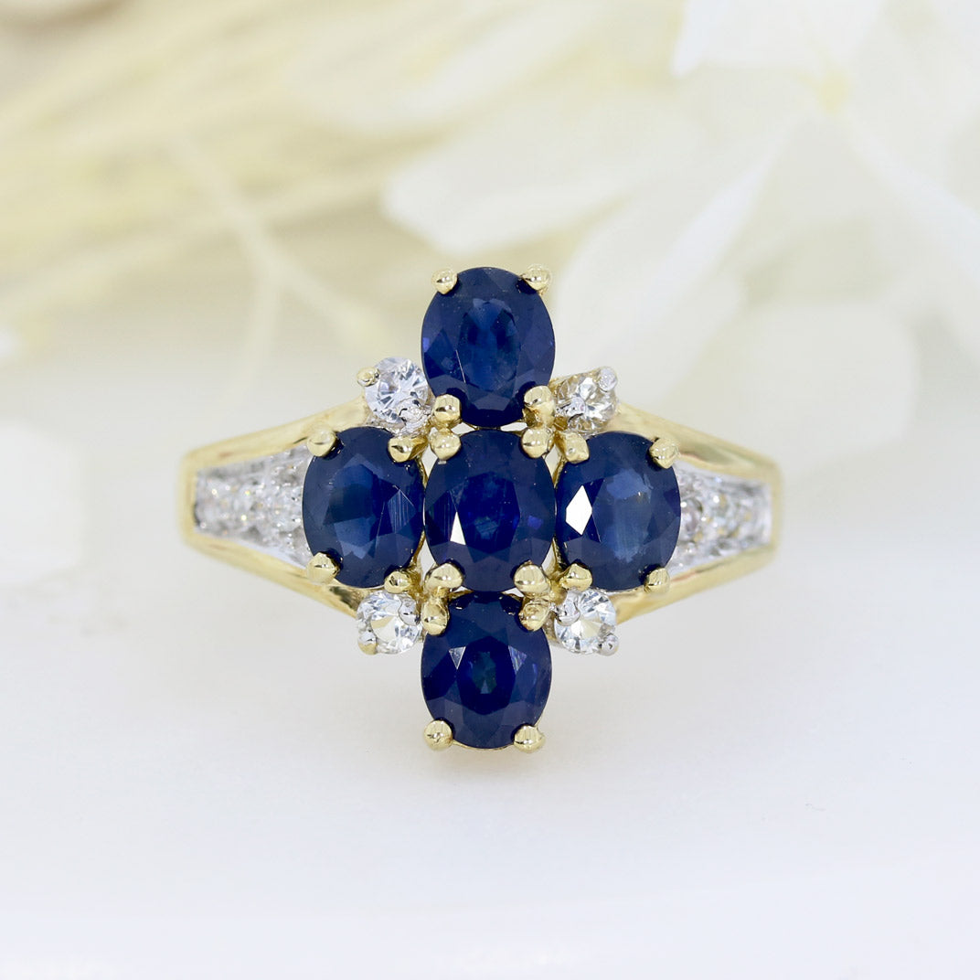 Pre Owned 9ct Yellow Gold Sapphire & Diamond Flower Cluster Ring