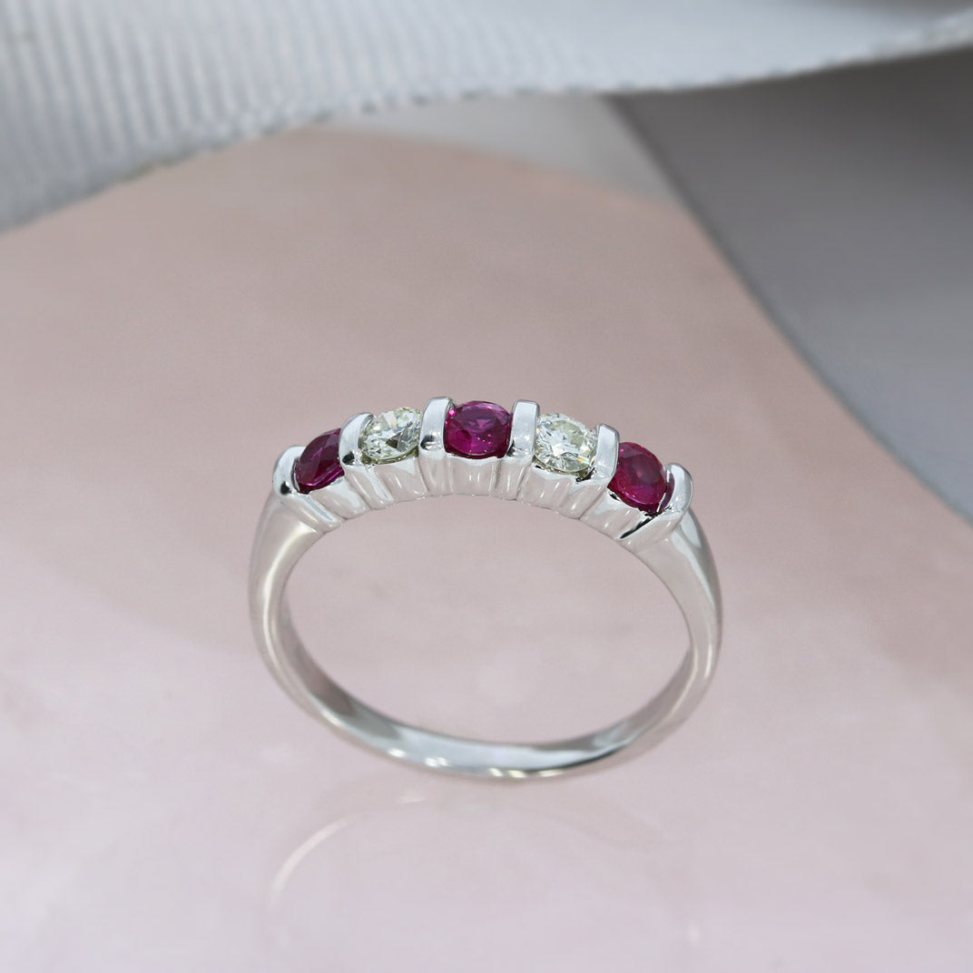 Pre Owned 9ct White Gold 5 Stone Ruby & Diamond 5 Stone Ring