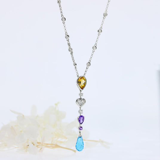 Pre Owned 18ct White Gold Multi Gemstone & Natural Diamond Necklace