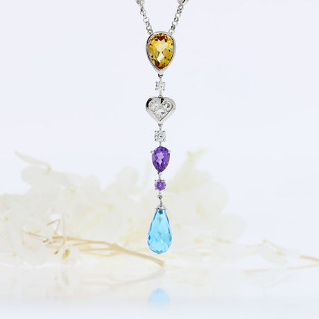 Pre Owned 18ct White Gold Multi Gemstone & Natural Diamond Necklace