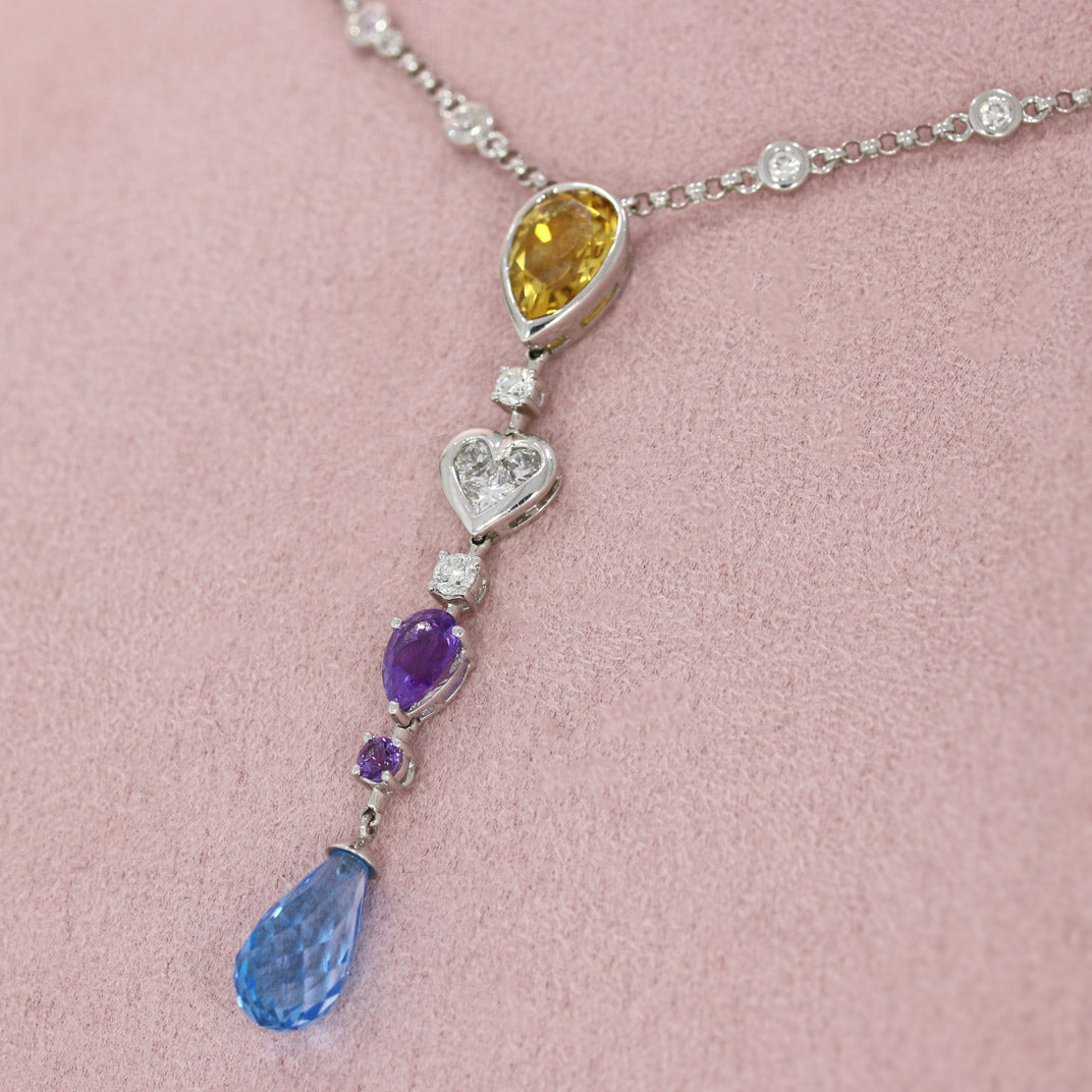Pre Owned 18ct White Gold Multi Gemstone & Natural Diamond Necklace