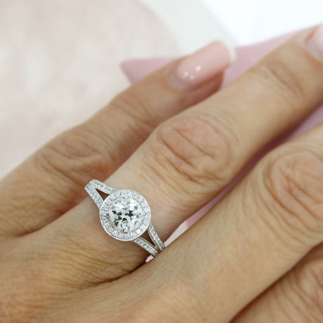 Pre Owned 18ct White Gold Diamond Halo Ring with Diamond Set Split Shoulders 1.12ct