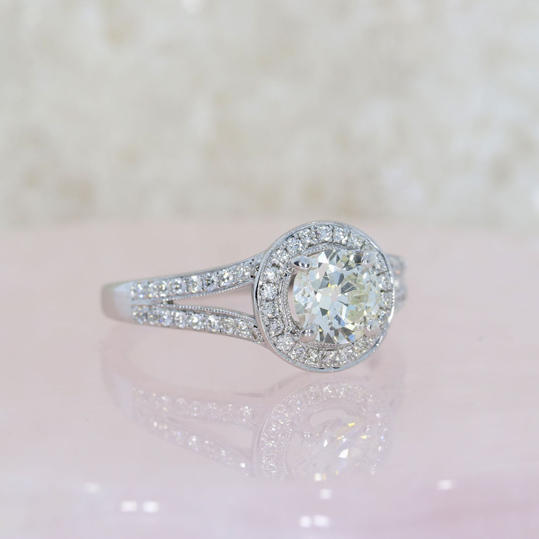 Pre Owned 18ct White Gold Diamond Halo Ring with Diamond Set Split Shoulders 1.12ct