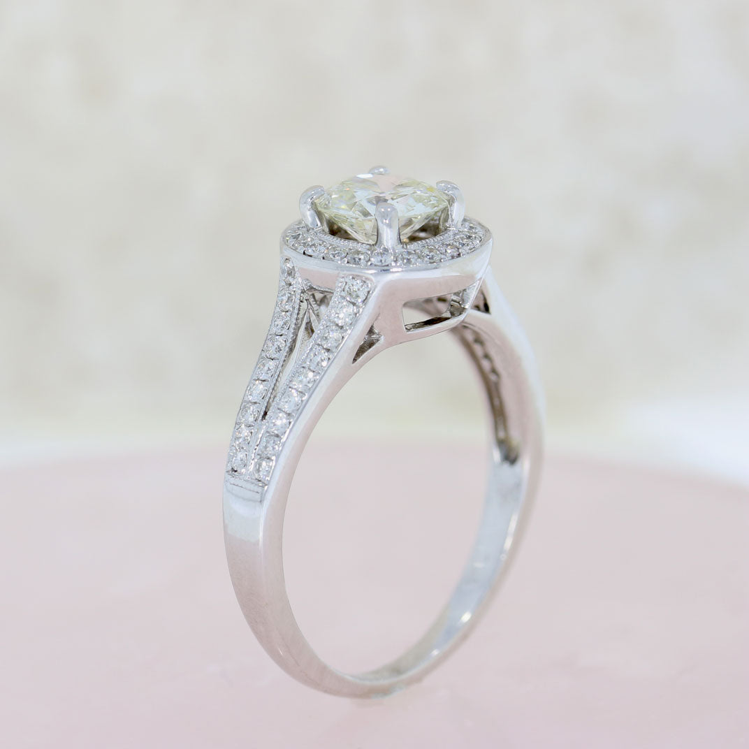 Pre Owned 18ct White Gold Diamond Halo Ring with Diamond Set Split Shoulders 1.12ct