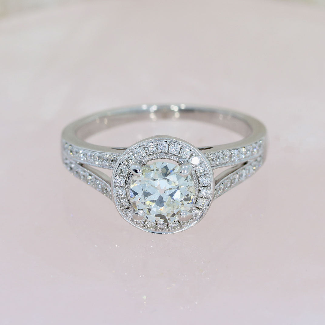 Pre Owned 18ct White Gold Diamond Halo Ring with Diamond Set Split Shoulders 1.12ct