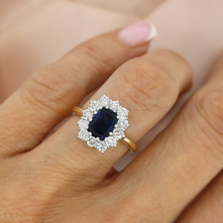 Pre Owned 18ct Yellow Gold Oblong Sapphire & Diamond Cluster Ring