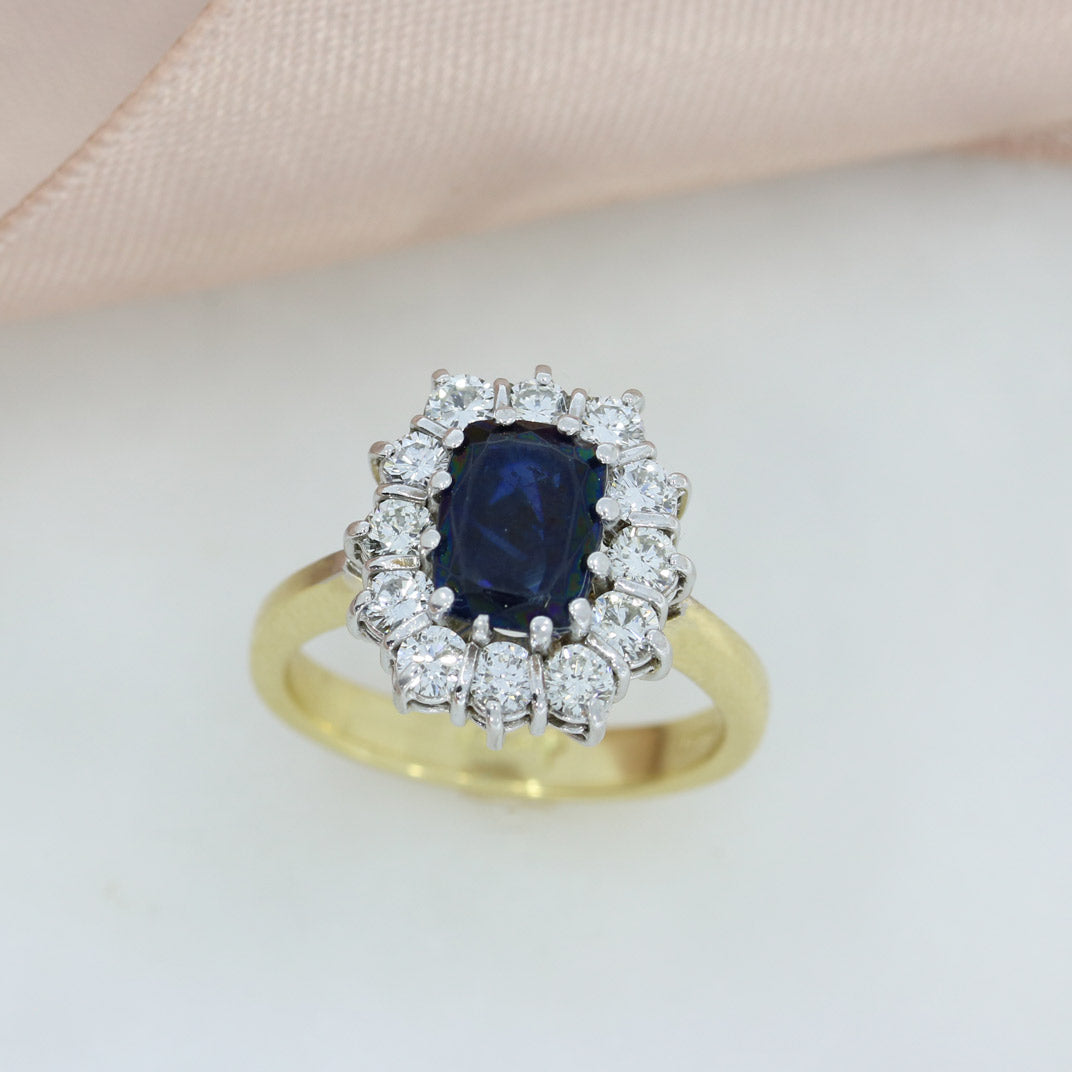 Pre Owned 18ct Yellow Gold Oblong Sapphire & Diamond Cluster Ring